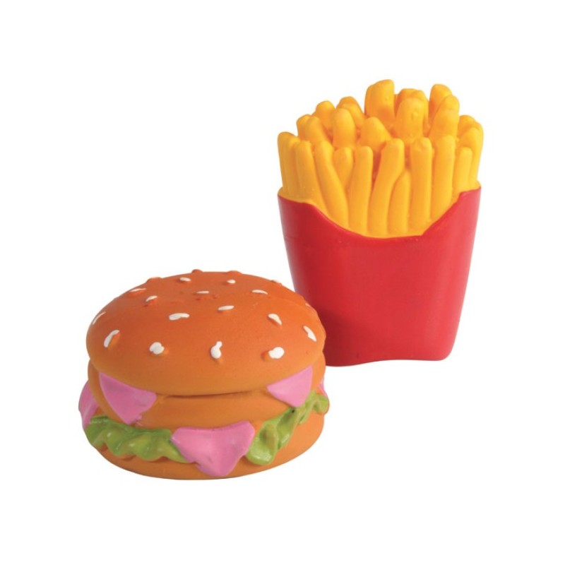 Lot de 2 jouets en latex Burger et Frites pour chien et chiot | 6 cm